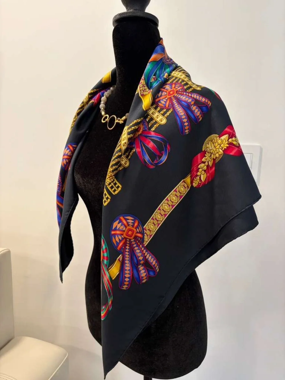 Hermes Les Rubans du Cheval Carre 90 Silk Scarf Black Multicolor Made in France